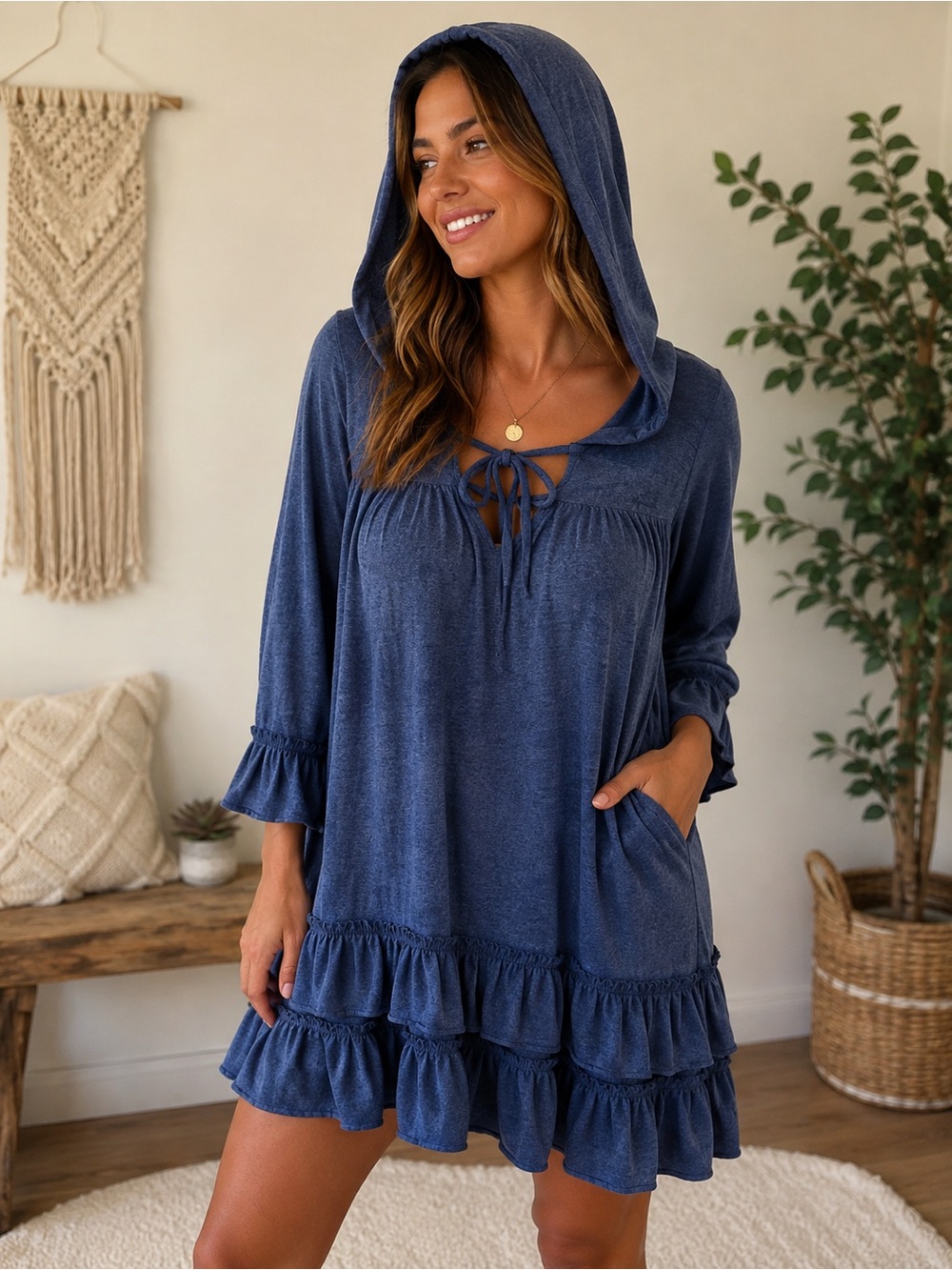 Easel Las Angeles Hooded Ruffle Tunic Top in Navy Blue Size Small VERY oversized